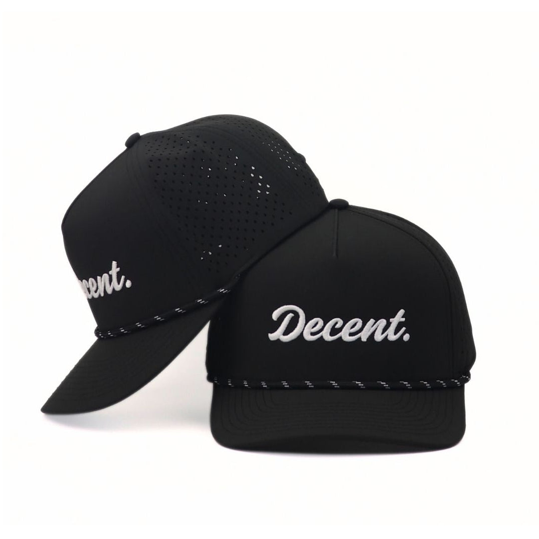Black cap with 'Decent' branding on a white background