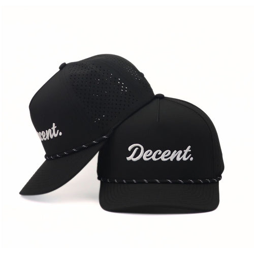 Black cap with 'Decent' branding on a white background