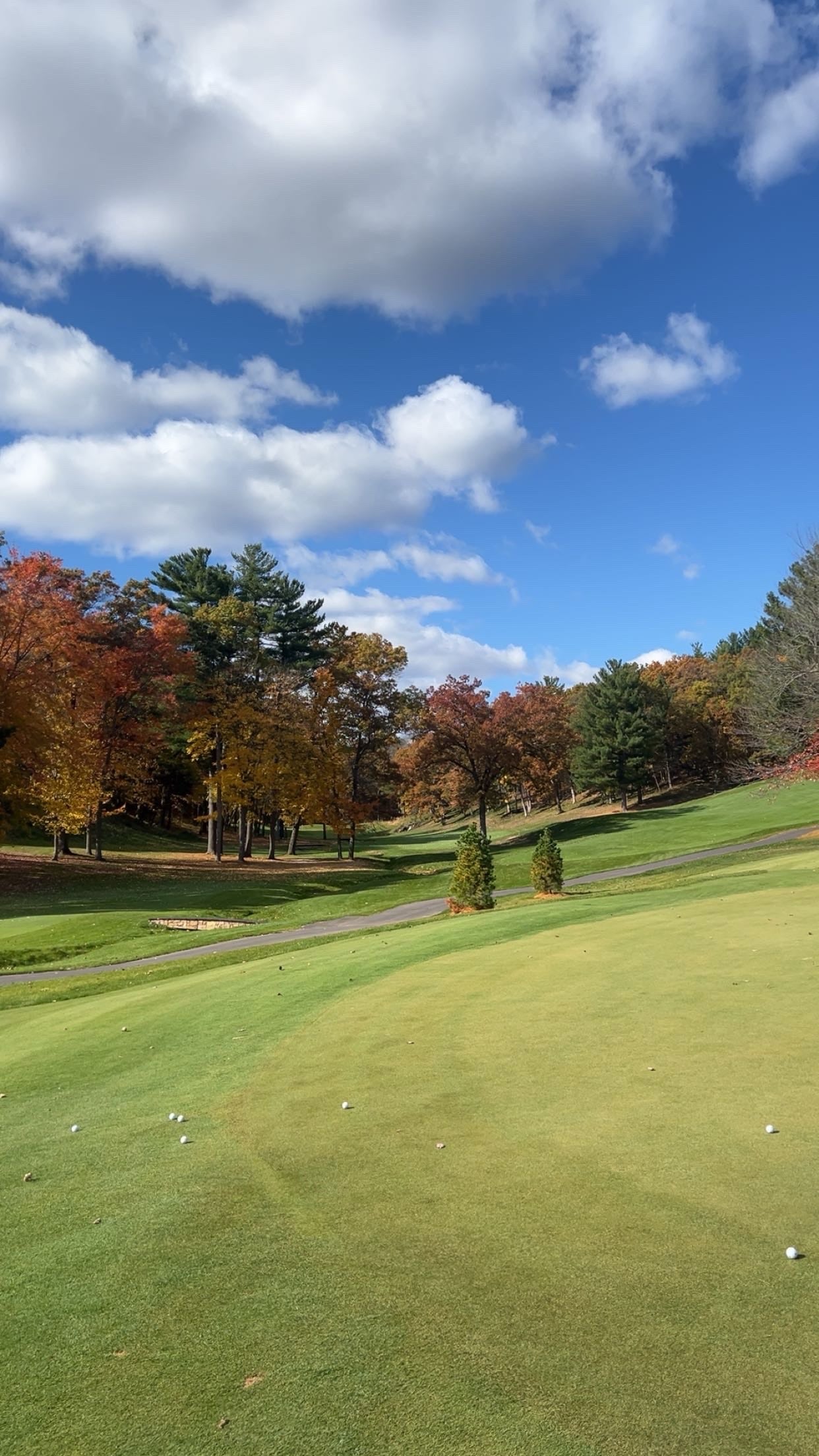 Golf course with green grass and trees displaying autumn colors under a blue sky with clouds.